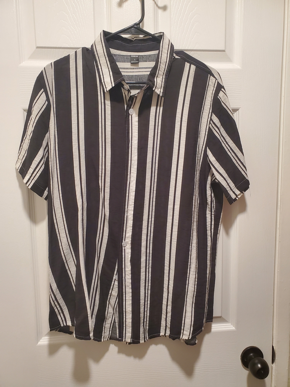 SHEIN Black & White Vertical Stripe Short Sleeve Shirt